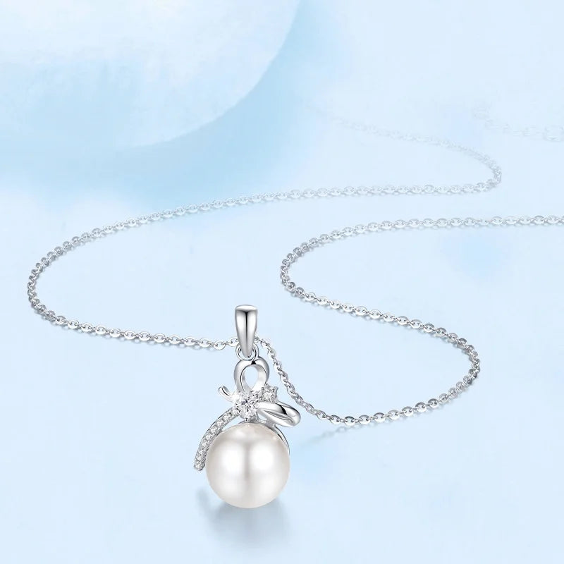 Merryshine Women's S925 Silver Necklace Geometric Pearl Sweet Bowknot Clavicle Chain Versatile Niche Design Pearl Zircon