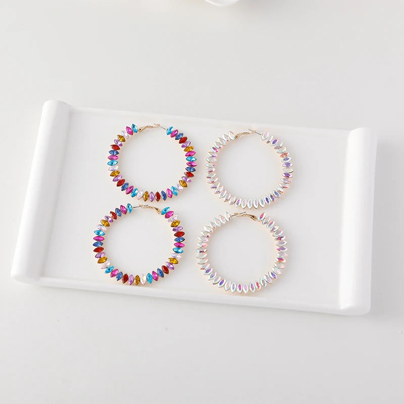 Exaggerated Diamond Round Circle Huggie Earrings Colorful Rhinestone Crystal Water Drop Large Hoop Earrings