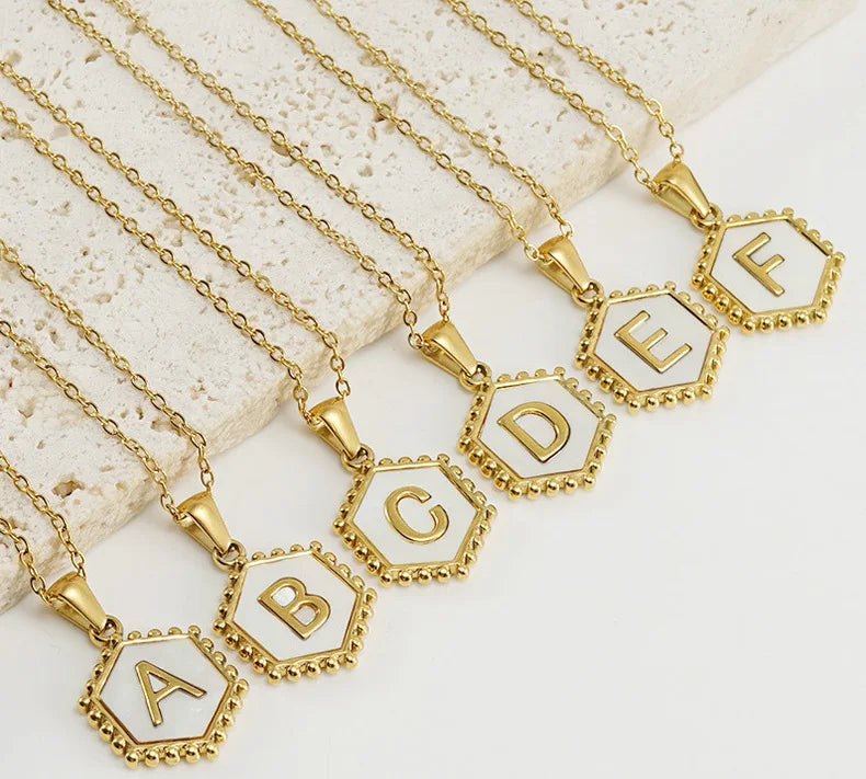 Hexagonal Shape Stainless Steel Letter Necklace Shell Coated Design 26 Capital Letter Pendant Necklace