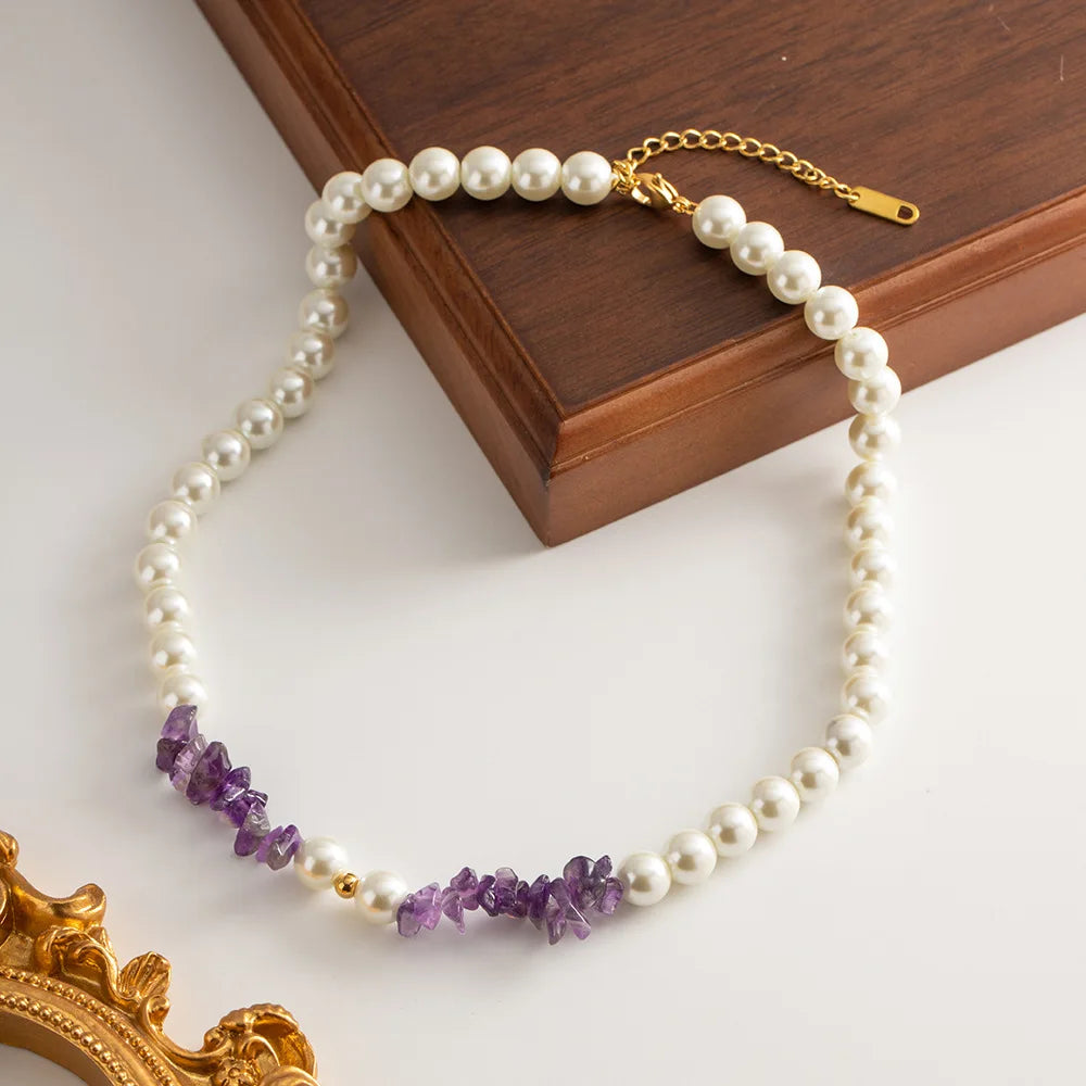 INS Style Fashion Personality Premium Necklace Waterproof Titanium Steel Plated 18k Gold Natural Stone Pearl Necklace Jewelry