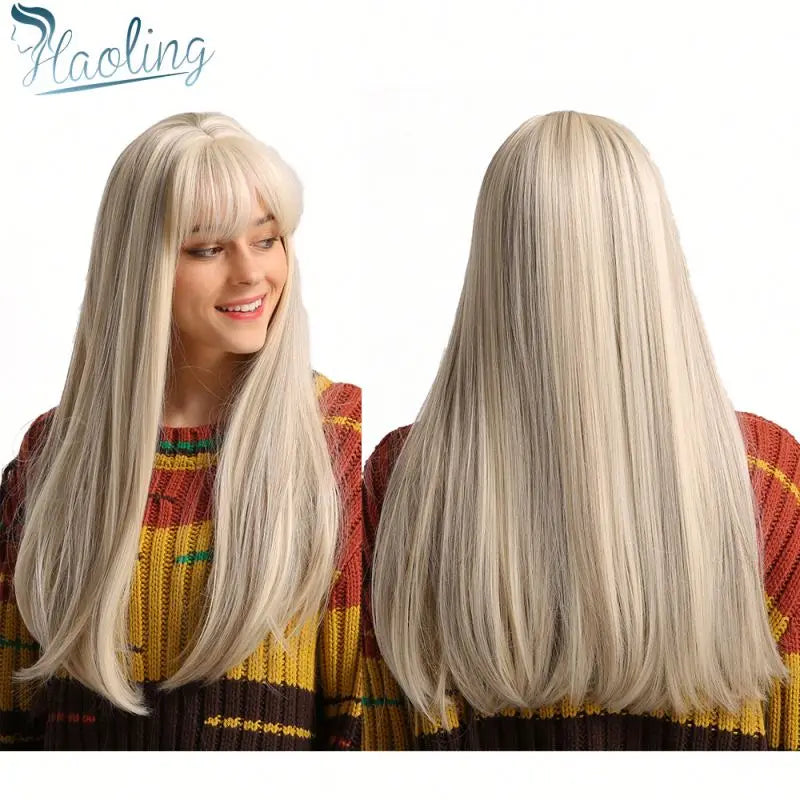 HAOLING Long Straight Synthetic Wigs with Bangs for Women Mixed White Gray Wig Heat Resistant Synthetic Hair Wigs
