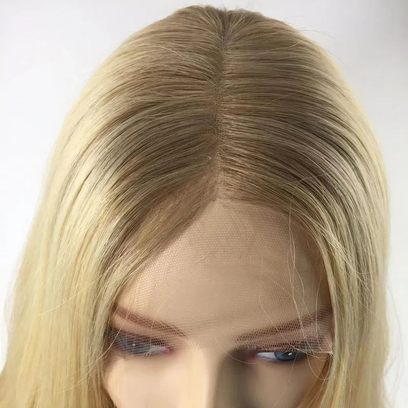 Cuticle Aligned Hair Unprocessed European Human Hair  Lace Front Wig Ombre Ash Blonde Jewish Sheitle Kosher