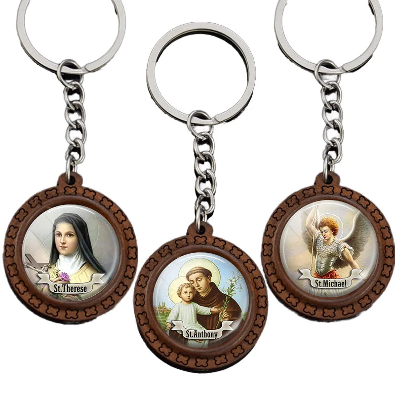 12 Saint Wooden Trinket Glass Cabochon Pendant Saint Therese Keyring Saint Anthony Jewelry Christian  Religious Keychain