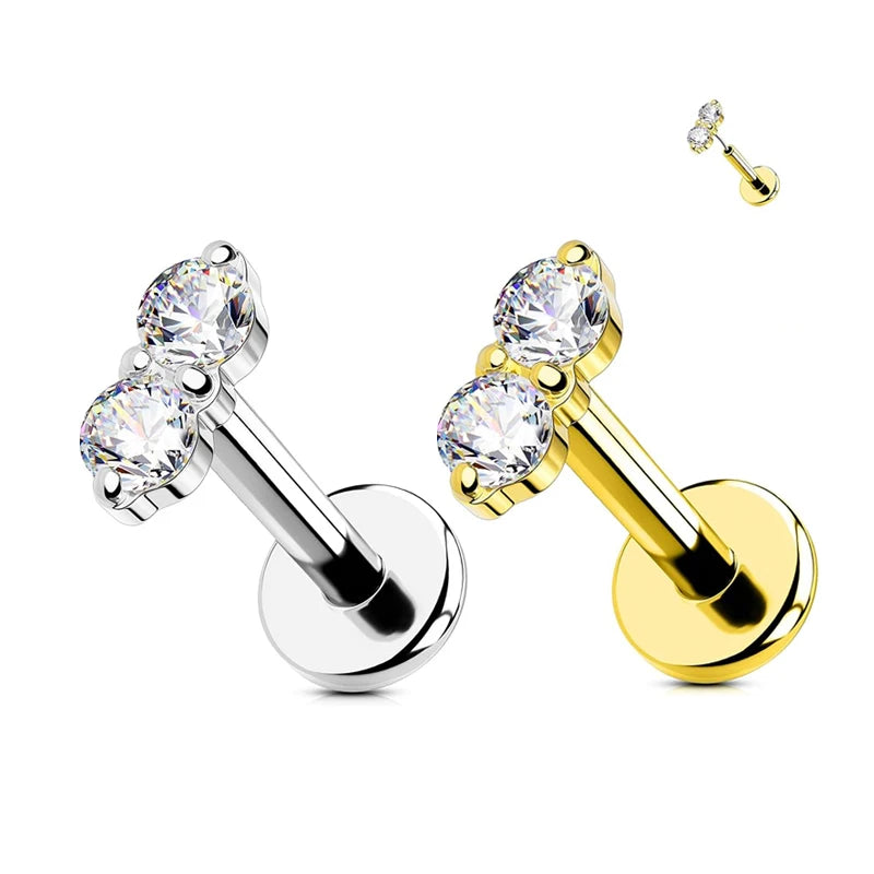 Latest Products Two Zircon Earrings F136 Titanium Threadless Push in Labret Piercing Lip Stud Jewelry Ear Cartilage Helix