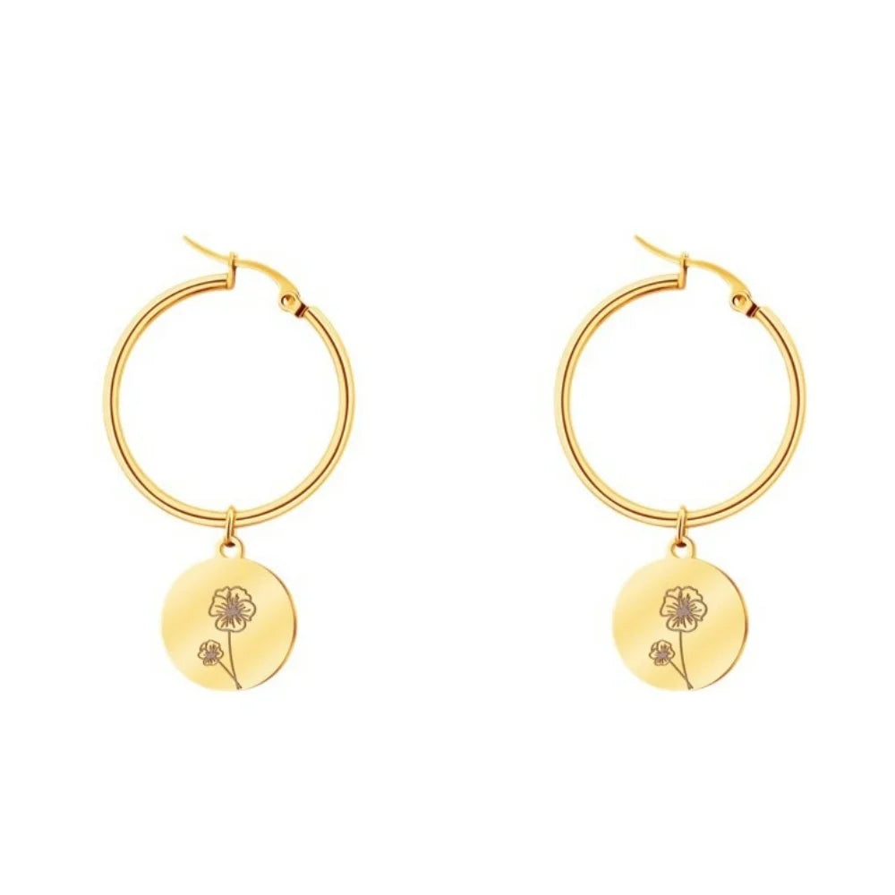 QiuHan Custom Birth Flower Gold-Plated Earrings