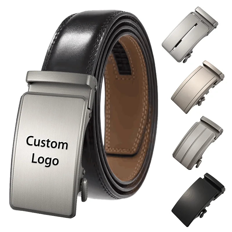 Classic Fashion Casual Black Adjustable Buckle Automatic Ratchet Belts Custom Genuine Leather Men's Belt