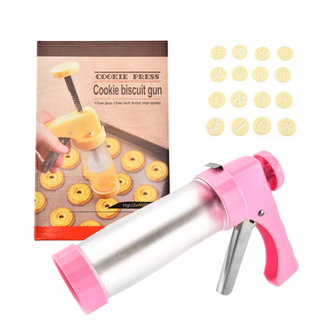 Customized Eco-Friendly Cookies Press Gun Kit Set 16 Discs 6 Cake Tips Plastic Biscuit Maker Cookie Cutters (Dishwasher Safe)
