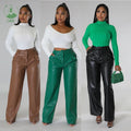 New Pu Leather Women's Pants Streetwear Casual Solid Loose Wide Leg Trouser With Pockets Women's Clothing 2025