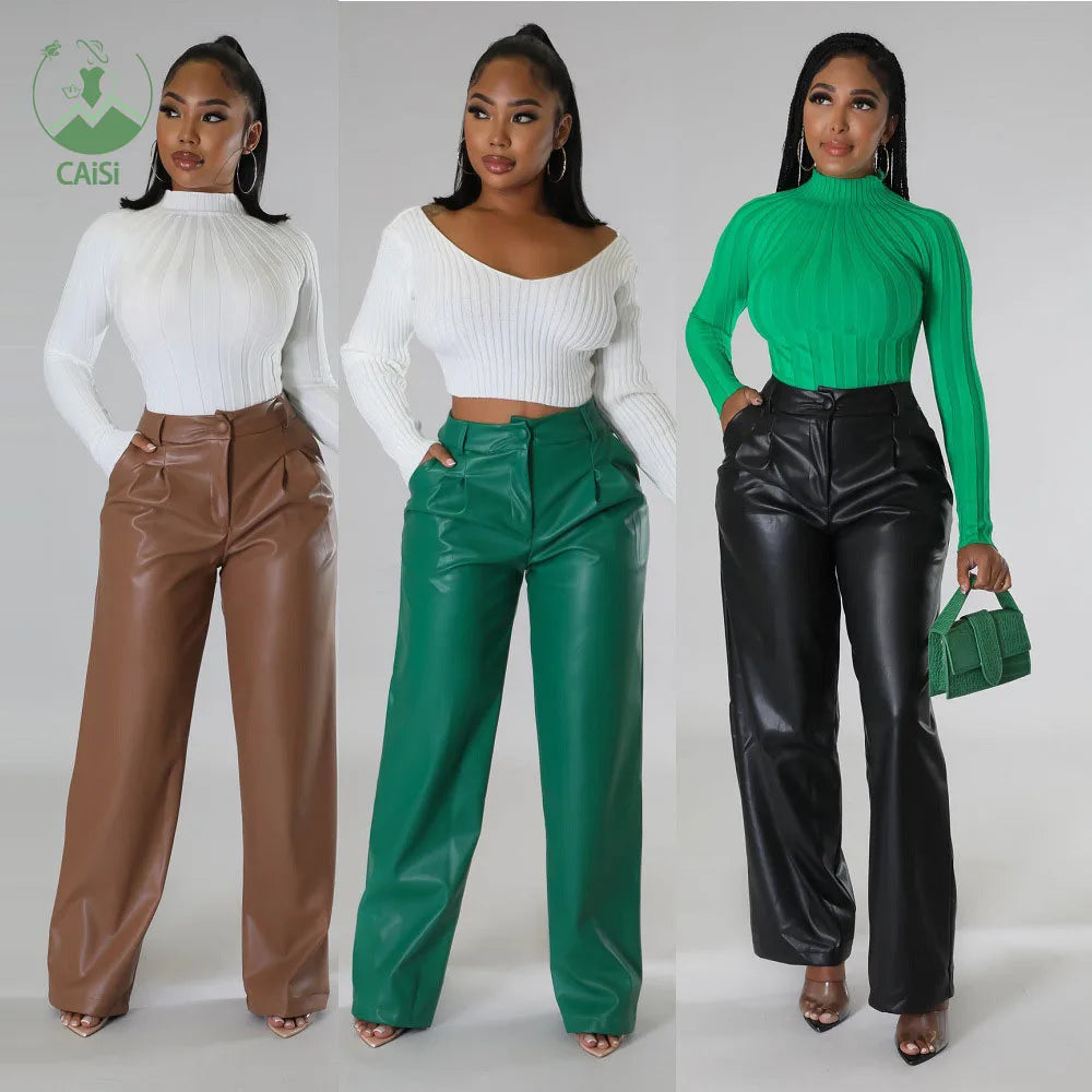 New Pu Leather Women's Pants Streetwear Casual Solid Loose Wide Leg Trouser With Pockets Women's Clothing 2025
