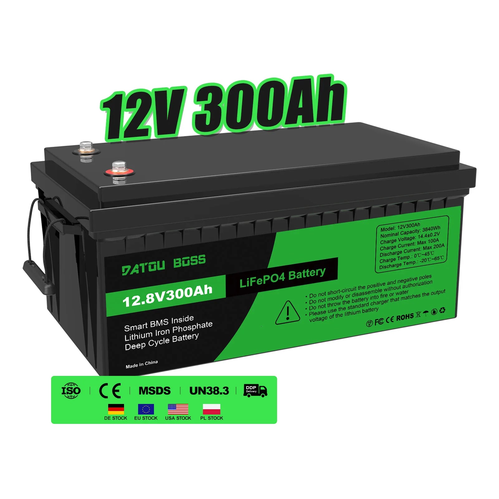 EU Local Stock Rechargeable Discharge Current 120A 12V 300AH Energy Storage Battery Pack Lithium Ion Lifepo4 Battery Datouboss