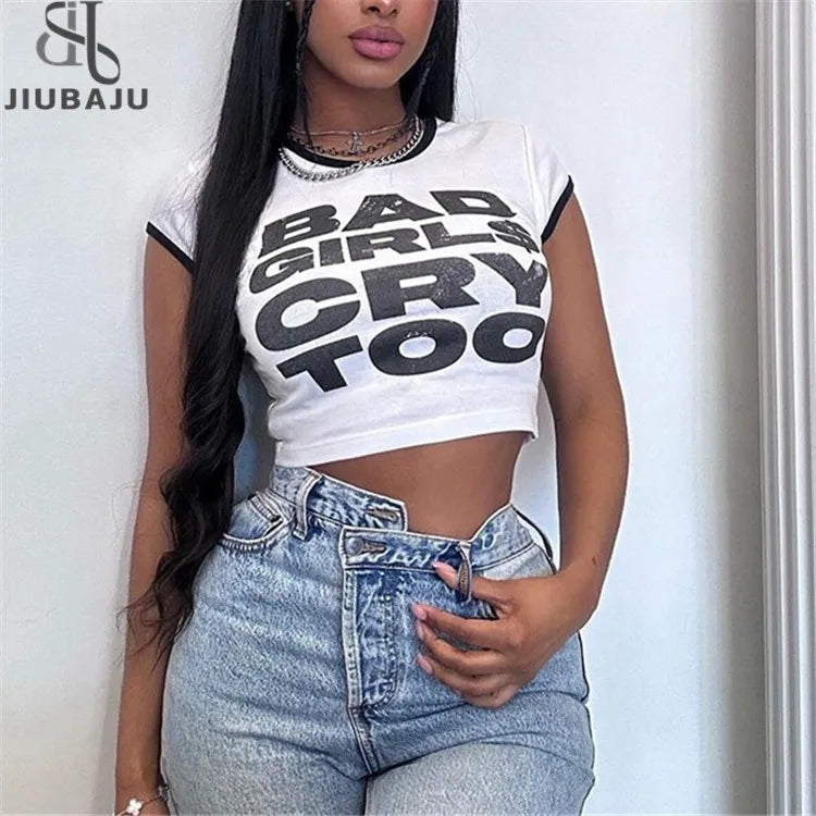 Letter Print T-shirts Fashion Casual O Neck Short Sleeve Y2K Summer Sexy E-girl Crop Tee Women