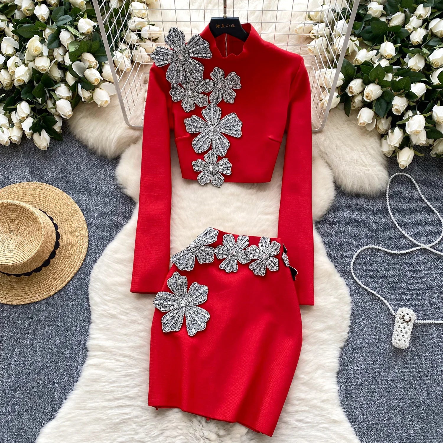 LW0970 Light Luxury Royal Sister Set Female Autumn Stand Collar Blouse + High Waist Thin Package Hip Skirt Two Piece Ladies Set