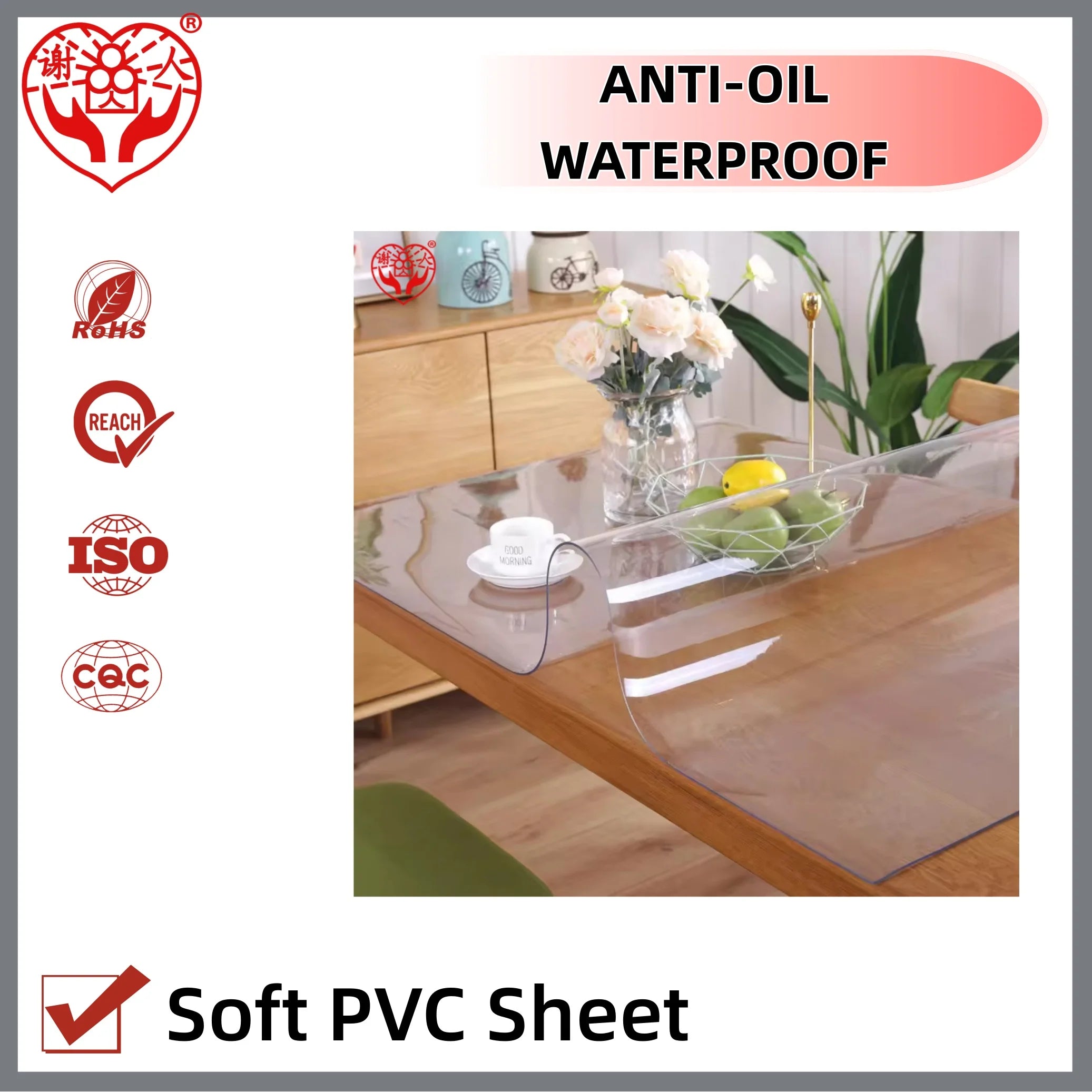 Food Contact Level Hygienic 2mm Thick Transparent PVC Table Roll Protector for Home Office Restaurant