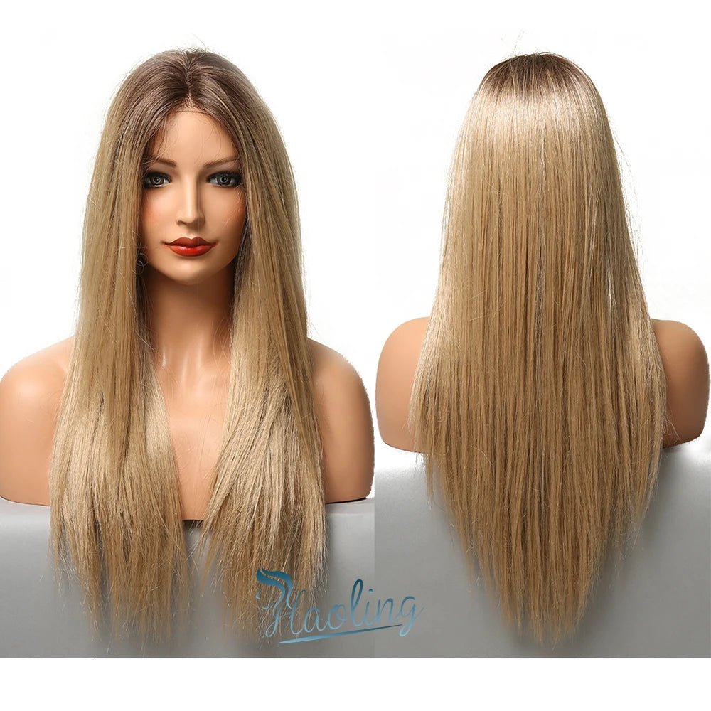 HAOLING Black Brown Golden Synthetic Lace Front Wig Middle Part Long Straight Lace Wigs for Women Lace Synthetic Wigs