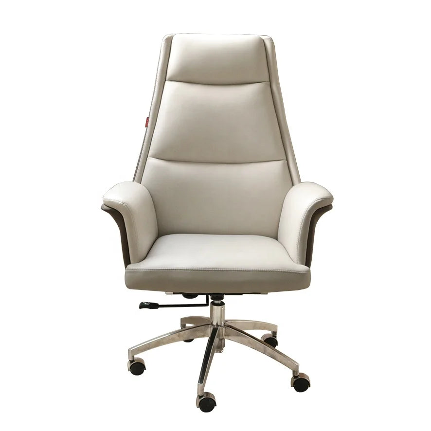 Modern Executive Office Chair Fixed Armrests Adjustable Height Aluminum Alloy Base Swivel Ergonomic Synthetic Leather Seat