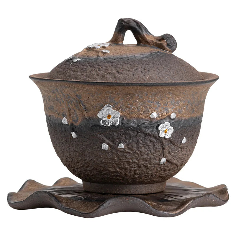 Japanese Gilding Iron Glaze Plum Blossom Tureen Guzao Fever Handmade Coarse Pottery Gaiwan Tea Brewing Tea Bowl Tea Cup Gaiwan