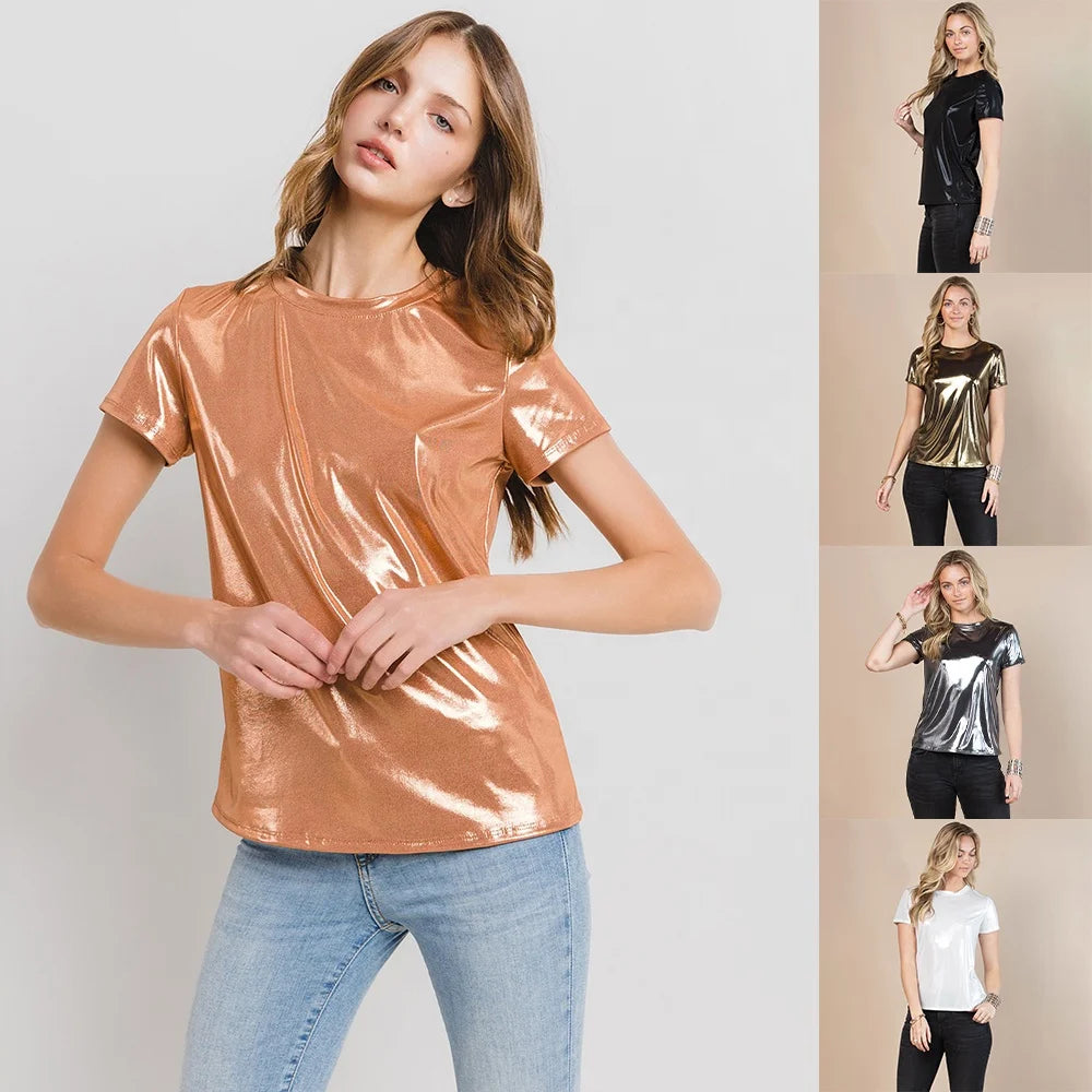 Spring Club Wear Vintage Plaid Eco-Friendly Woven O-neck Short Sleeves Slim Fitting Pu Tshirt Metallic Shining Top Women