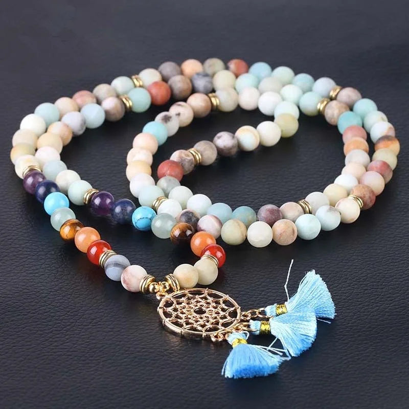 108 Mala Beaded Necklace for Women Jewelry Bohemian Dream Catching Tassel Pendant 8mm Amazonite Stone Prayer Japamala Necklace