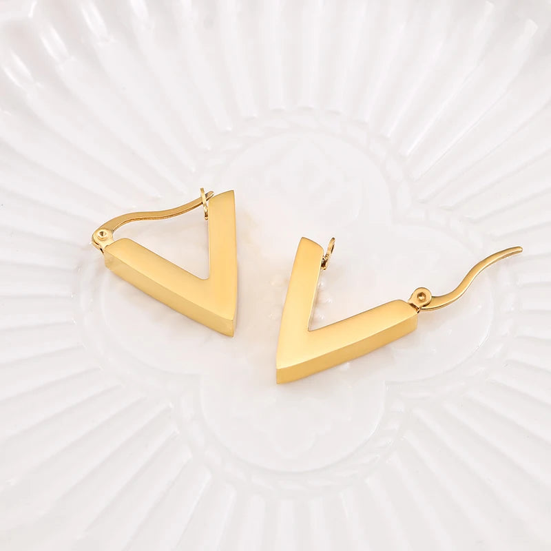 Elegant Geometric Gold Plated Stainless Steel Vintage Stud Earrings Hook V-Shaped Letter Nickel-Free Triangle Jewelry