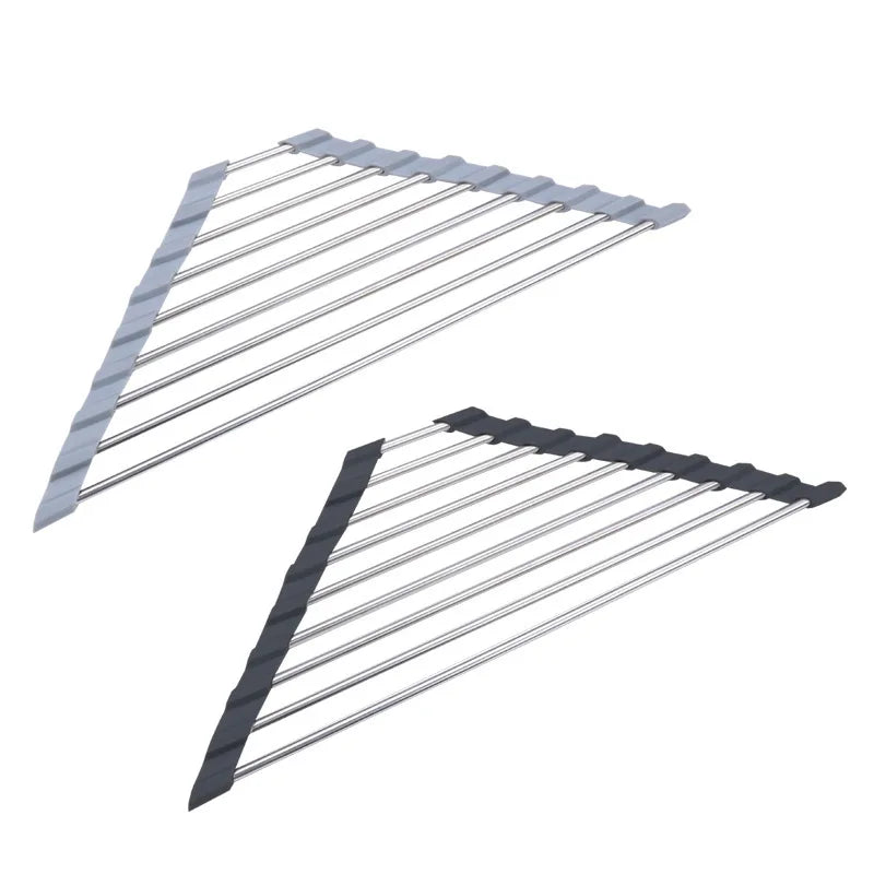Triangle Silicone Collapsible Roll up 201/304 Stainless Steel Over Sink Corner Dish Drying Rack