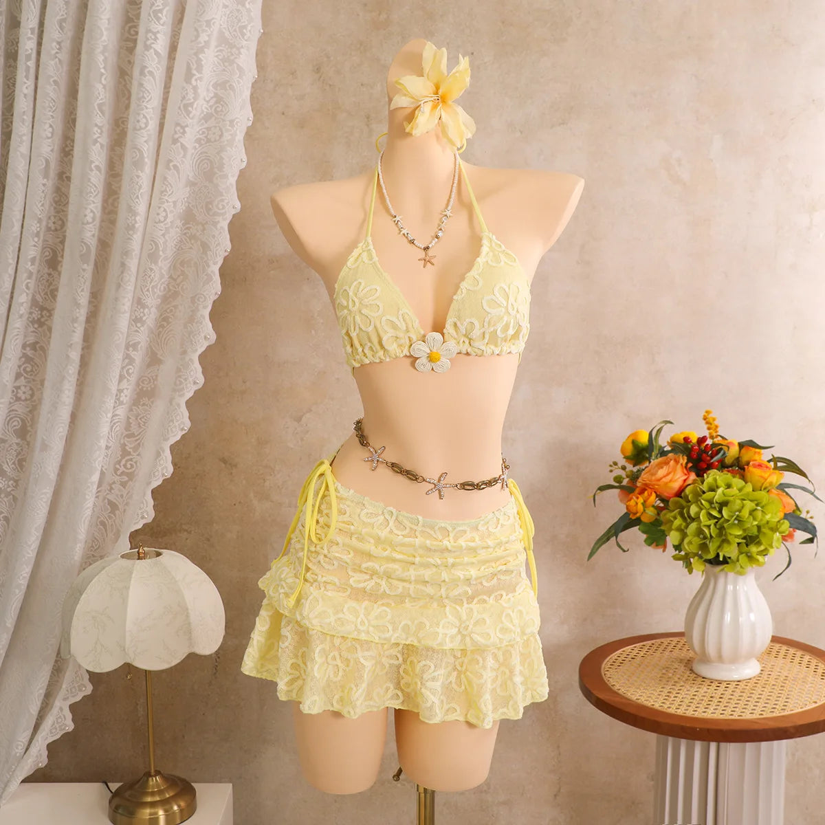 Floral Embroidery 3 Piece Bikini Set Women Bikini With Ruffled Layered Mini Skirt Cover up Boho Beach Vacation Swimwear