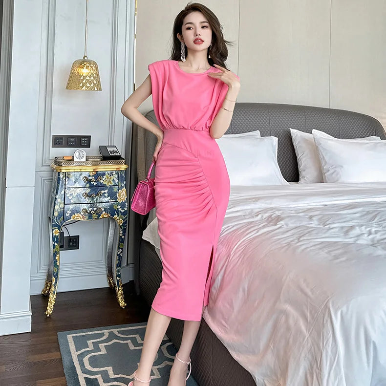 ZYHT 10491 Elegant Custom Padded Shoulders Solid Color Lady Casual Midi Pleated Sleeveless Split Dress Women