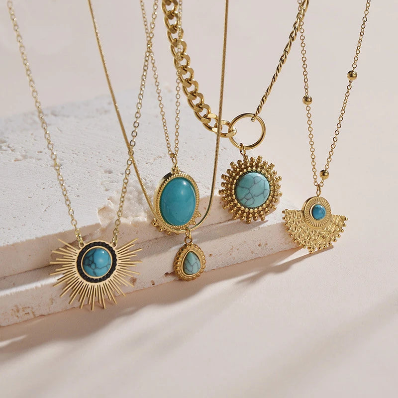 Boho Tarnish Free Stainless Steel 14K Gold Geometric Water Drop Oval Round Gemstone Turquoise Necklace for Women Men