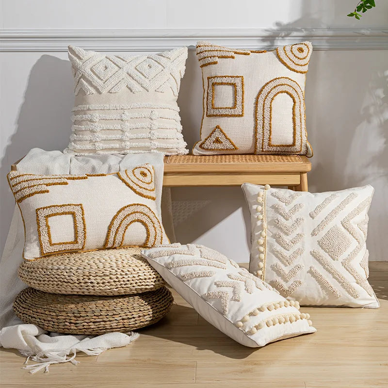 Custom Bohemian Cushion Cover Geometric Solid Loop Pile Throw Pillow Cover Bordure Linen Cushion Cover With Invisible Zipper