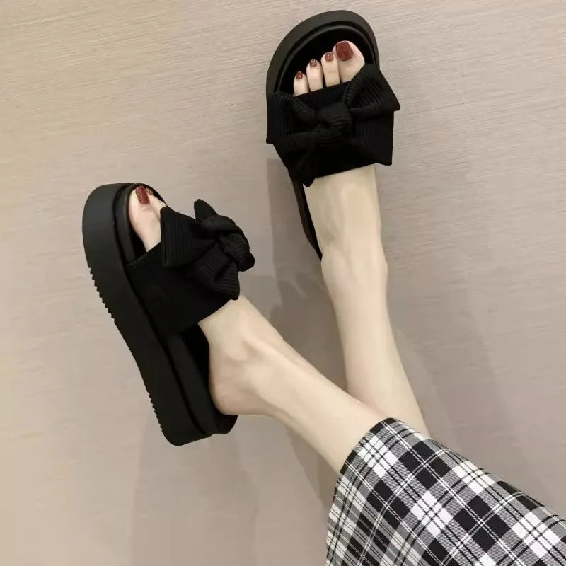 Ladies Thick Bottom Increase Open Toe Sandals Beach Breathable Ladies Slippers Solid Colour Cute Bow Sweet Women's Casual Shoes