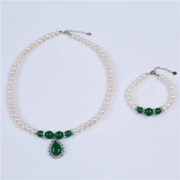 7-8mm Natural Freshwater Pearl Crystal Necklace with Pendant Diamond Stone Trendy Style Women's Wedding Necklaces and Chokers