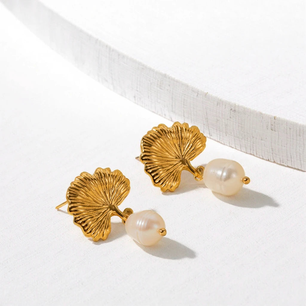 Lateefah Korean Style Women 18K Gold Freshwater Pearl Ginkgo Stainless Steel Earrings