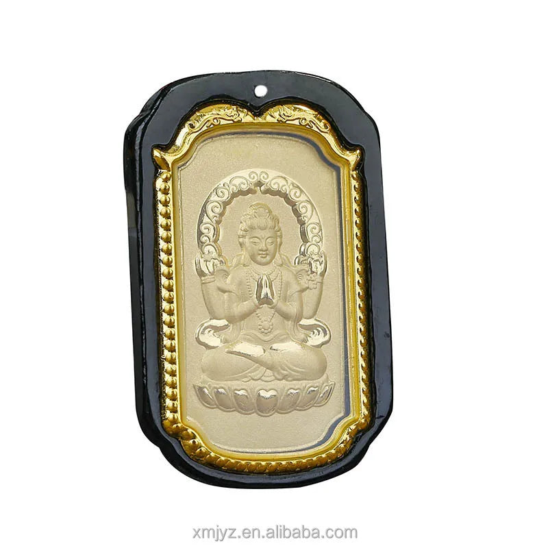 Certified 4D Gold Inlaid Hetian Jade Ink Gold Guanyin Laughing Buddha Pendant for Men and Women Couples Mirror Protection