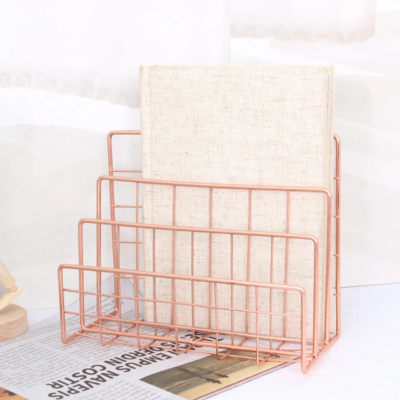 Rose Gold Metal Storage Stand Desktop Book & File Organizer Basket for Office Newspaper Container Book File & Magazine Holder