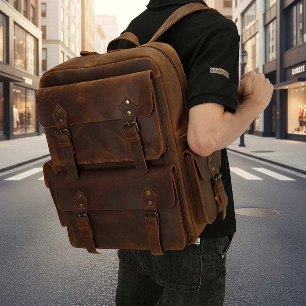 High Quality Vintage Men's Genuine Leather Laptop Backpack with Zipper Closure Portable & Multifunctional Travel Design Backpack