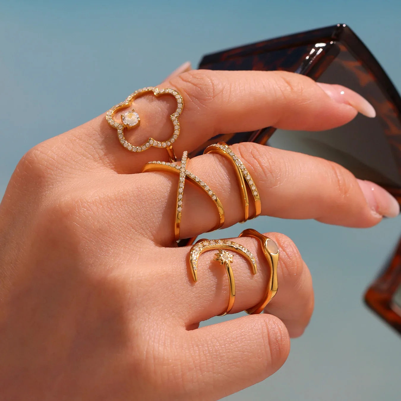 New Irregular Geometric Stainless Steel Rings Moon Star Zircon 18K Gold Plated Fine Rings Hypoallergenic Rings Jewelry Women