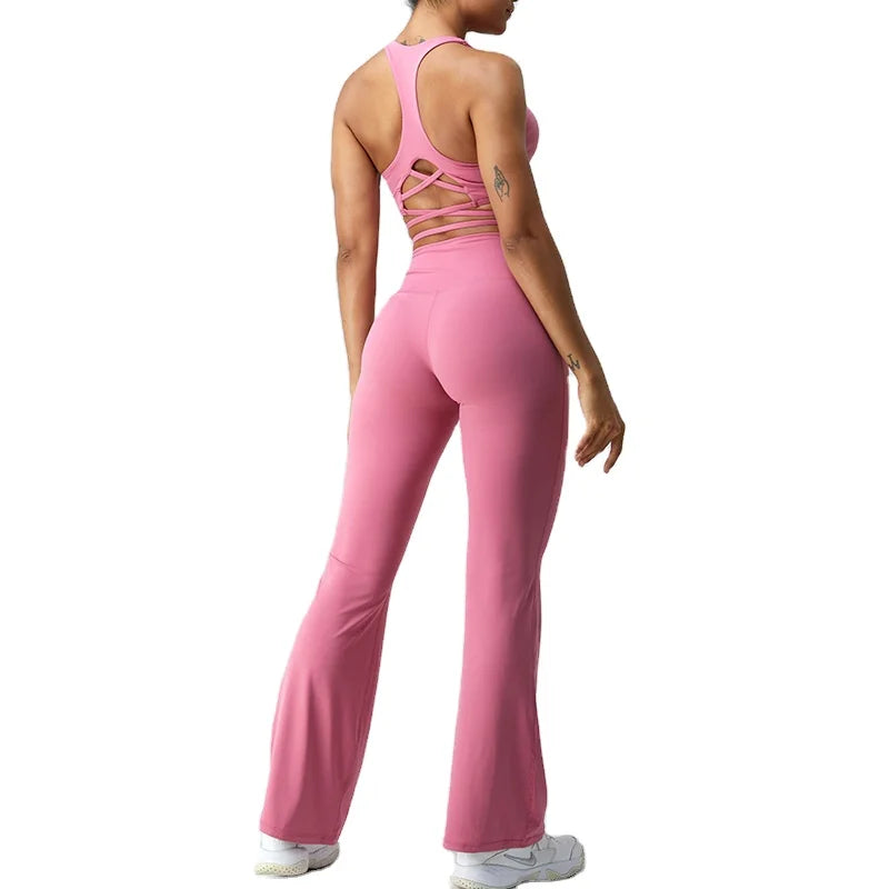 Aoyema Women Wide Leg Leggings 2 Pieces Yoga Suit Shirred Drawstring Padded Fitness Tops Flare Yoga Pants Activewear Set