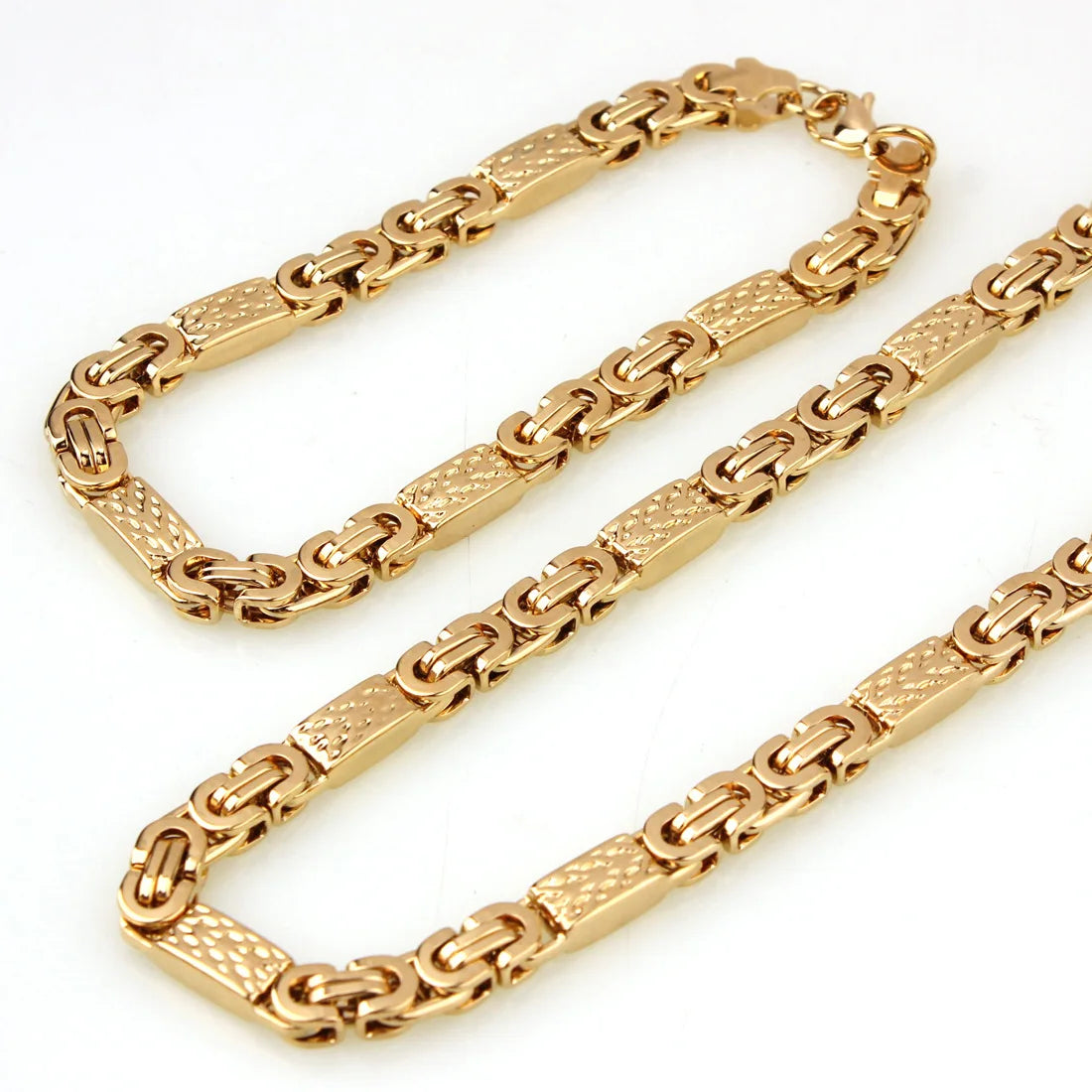 Europe and the United States Stainless Steel Titanium Steel Gold-plated Men square Flat Chain Necklace + Bracelet Set Wholesale