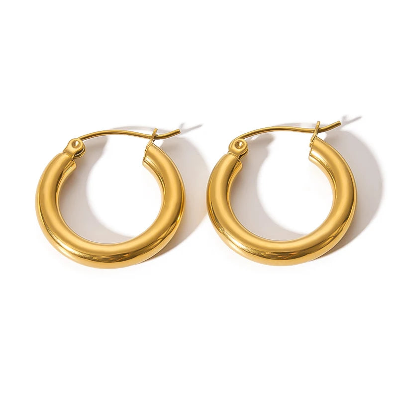 Classic Titanium Steel 18K Gold Coating Solid Circle Hoop Earrings Water Resistant Jewelry for Women