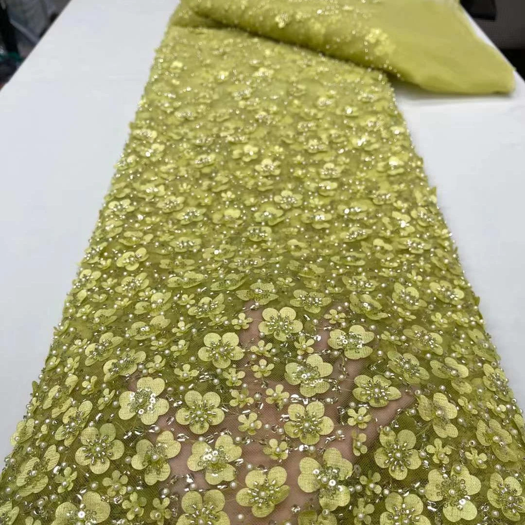 Lemon Yellow Beads Dress Fabric Crystal Beads Sequins Luxury Bridal Lace Fabric