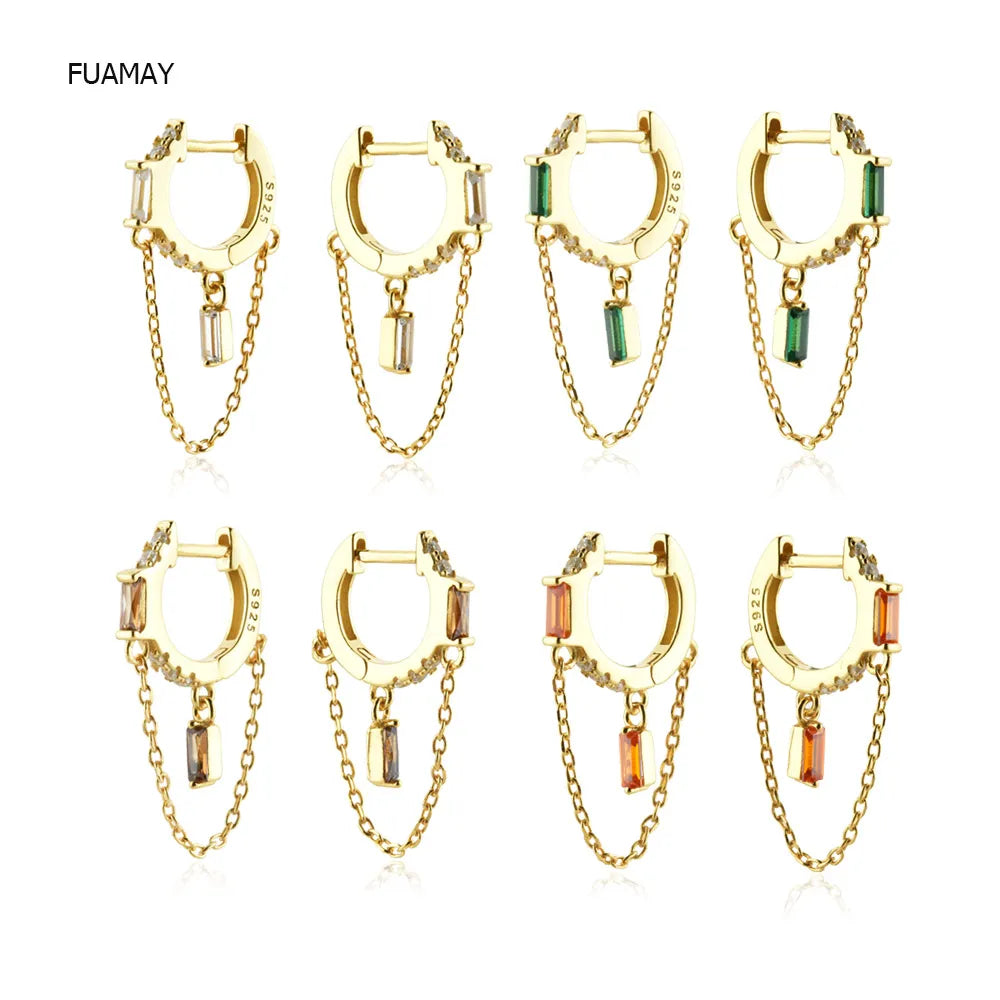FUAMAY Minimalist American CZ Hoop Earrings 18k Gold Plated Lilas Flirt Zircon Green Baguette Chain Earring Studs