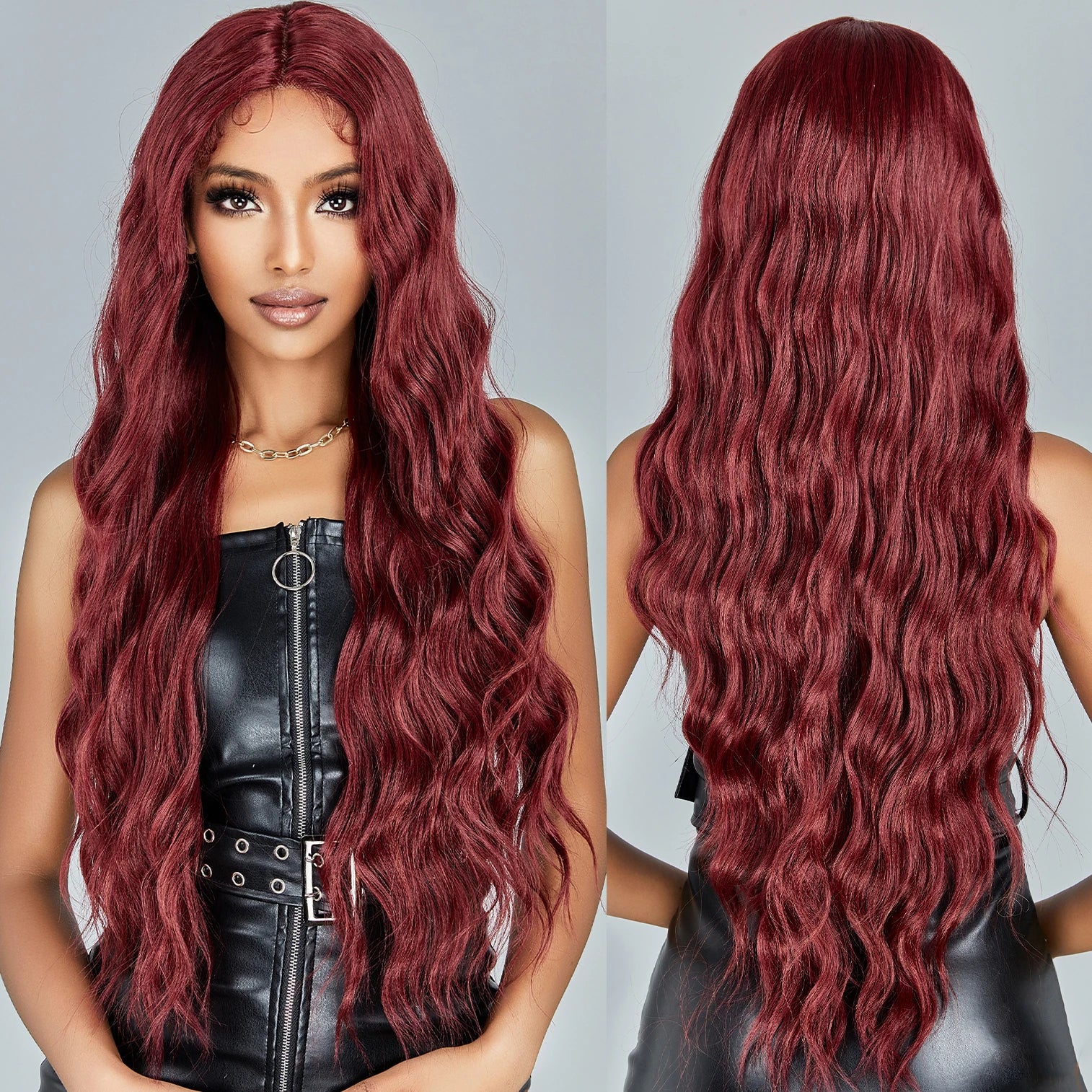 Japan Future Fiber Wine Red Long Water Wave Lace Front Synthetic Wigs with Baby Hairs Burgundy Middle Part Deep Wavy Wig