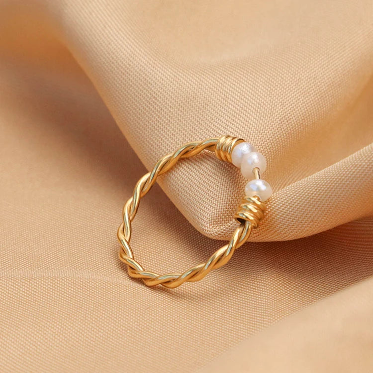 Chris April 316L Stainless Steel PVD Gold Plating Freshwater Pearls Rope Twisting Ring