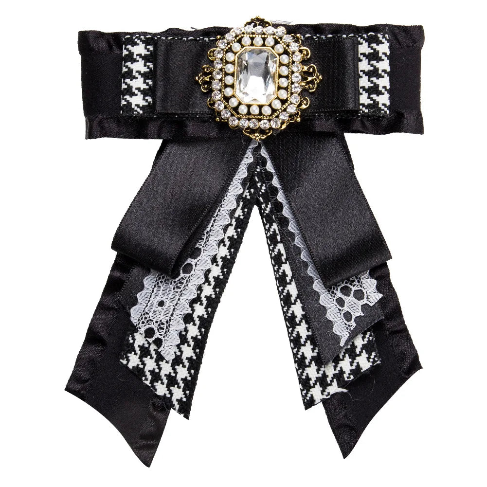 Jachon Fashion Pearl Multi-layer Grosgrain Lace Bow Brooch Rhinestone Diamond Bowknot Neck Bow Tie for Girls