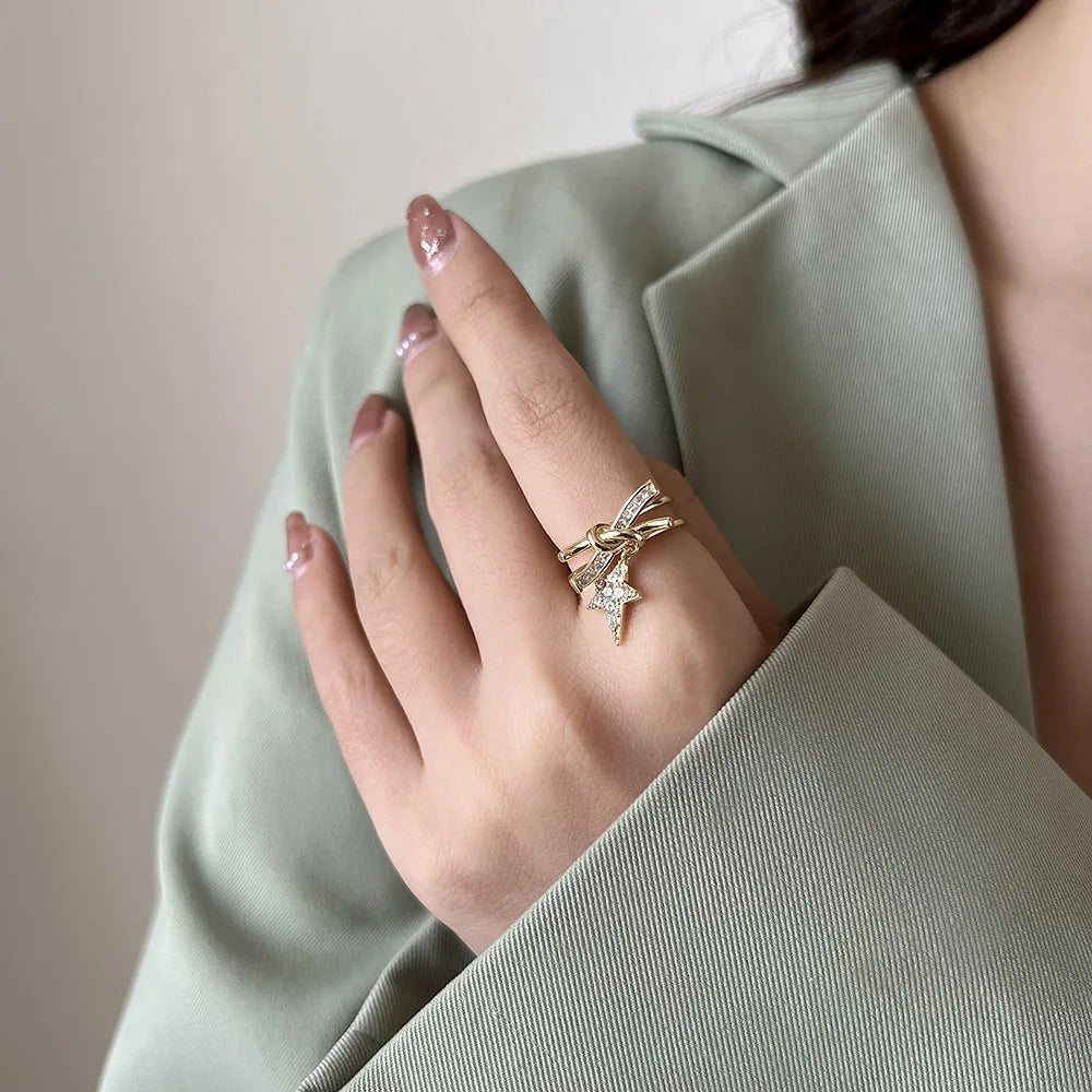 Fashion Adjustable Brass Bowknot Star Pendant Ring Star Ring Suitable for Women