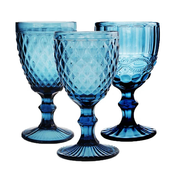 Wholesale Bulk China Supplier Embossed Colored Blue Goblet Glasses Color Water Glass Goblets for Wedding Party Celebration Event