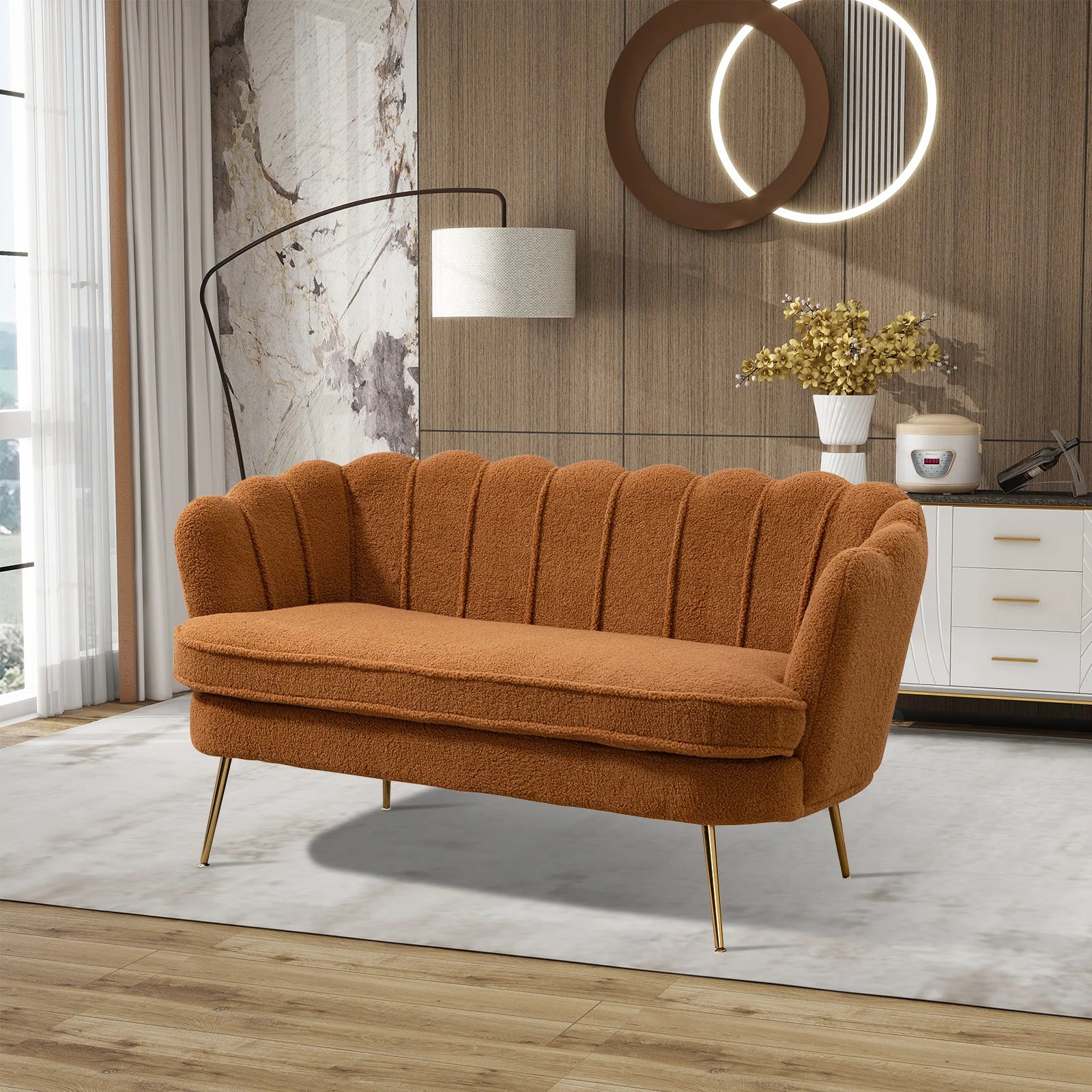 Modern Minimalist Double Sofa Fashionable Two-Seater Recliner for Living Room Bedroom Conference Hall Wood Upholstered Fabric