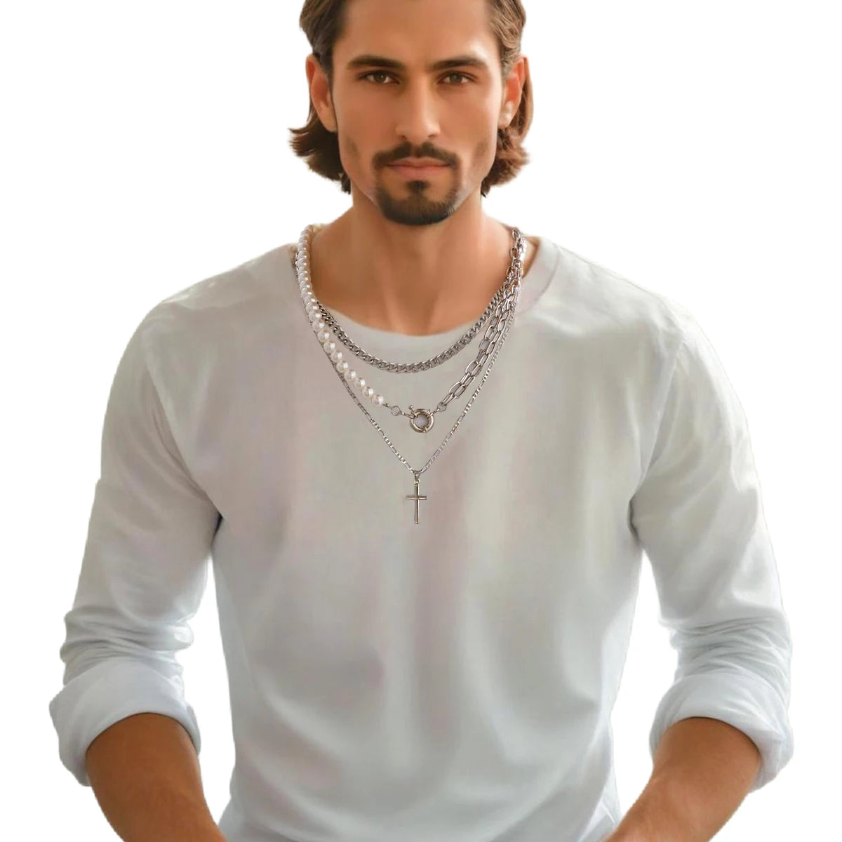 3Pcs/Set Cuban Chain Link Imitated Pearl Choker Cross Necklace for Men Hip Hop Cross Chain Necklaces Fashion Jewelry Accessories