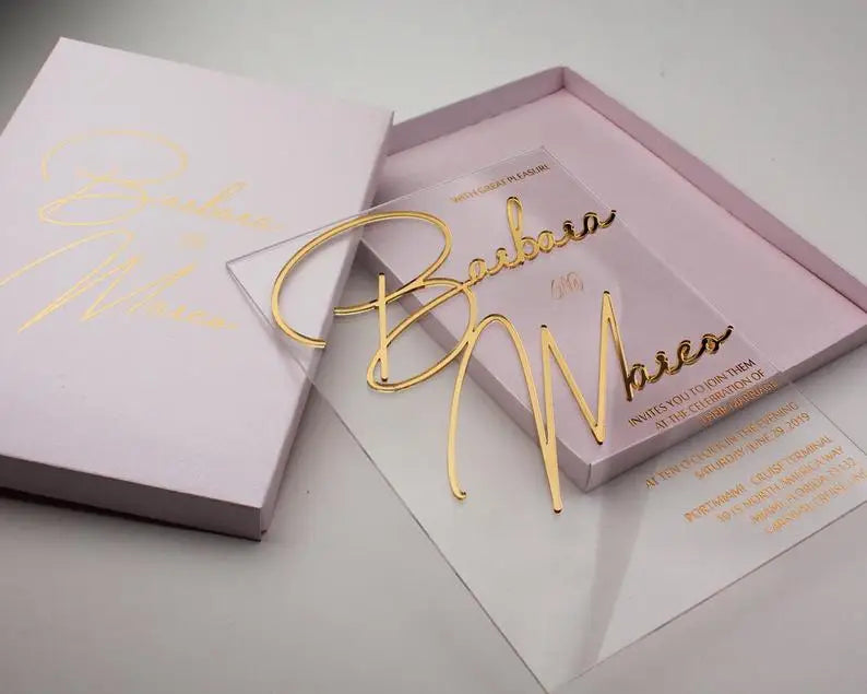New Design Gold Foil Clear Acrylic Wedding Card Gold Mirrors Name Customized Logo Paper Boxes Luxury Acrylic Wedding Invitations