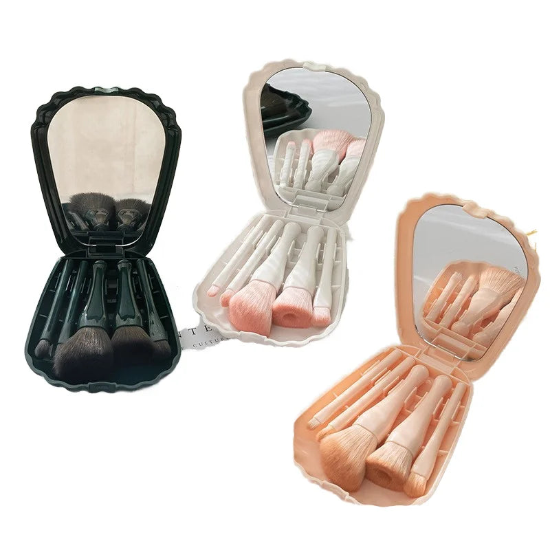 Portable Shell Makeup Brush Set 5pcs  with Mirror Soft Hair Foundation Eye Shadow Contouring Brush Makeup Brush Set