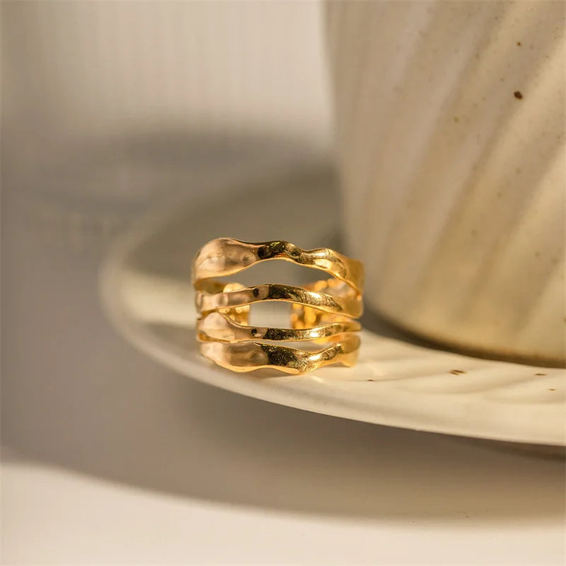 Fashion Chunky Jewelry Women Ring 18k Gold PVD Irregular Stainless Steel Muti-layer Ring